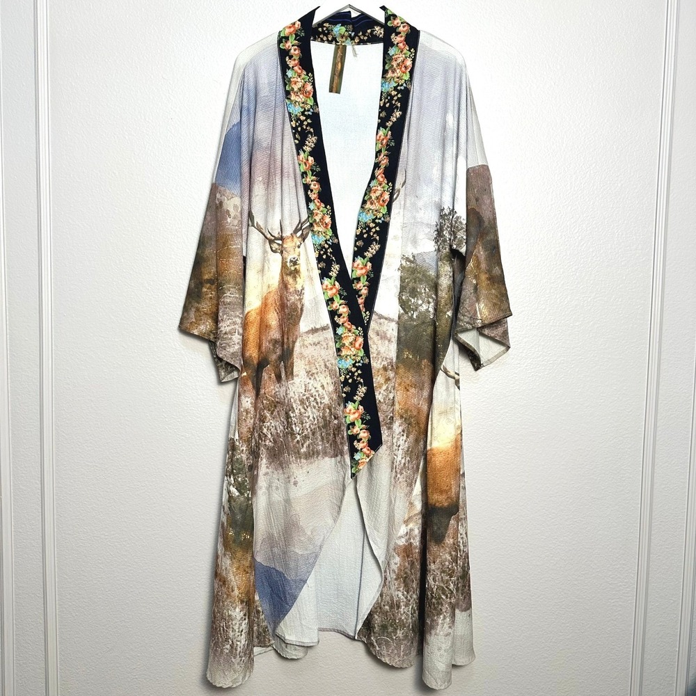 Aratta Silent Journey Anthropologie Deer Stag Floral Beaded Kimono Duster XL - Picture 2 of 12
